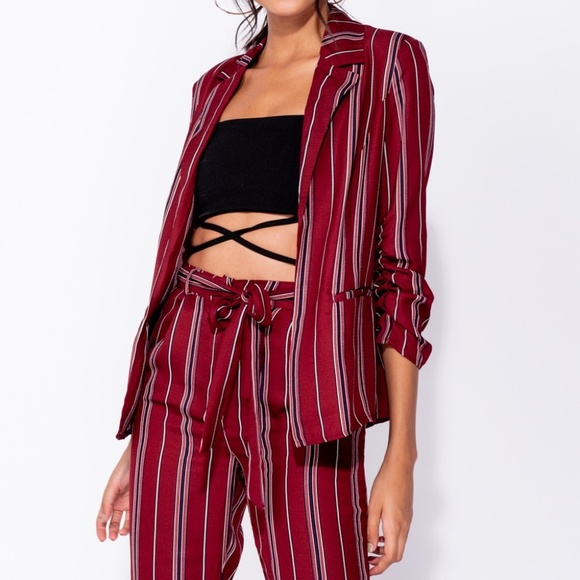 SALE! Burgundy Striped High Waist Straight Pants - Picture 4 of 9
